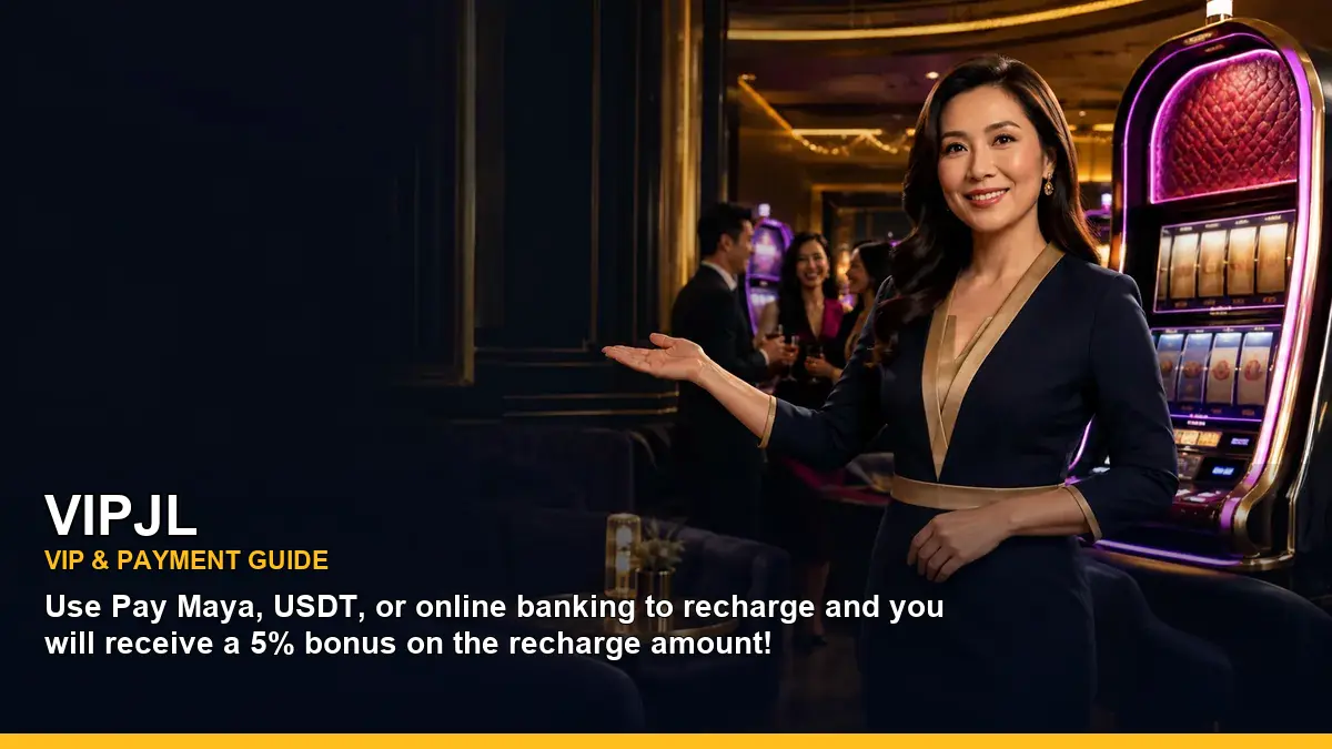 VIPJL casino rewards page with an adult Filipina host in a celebratory setting
