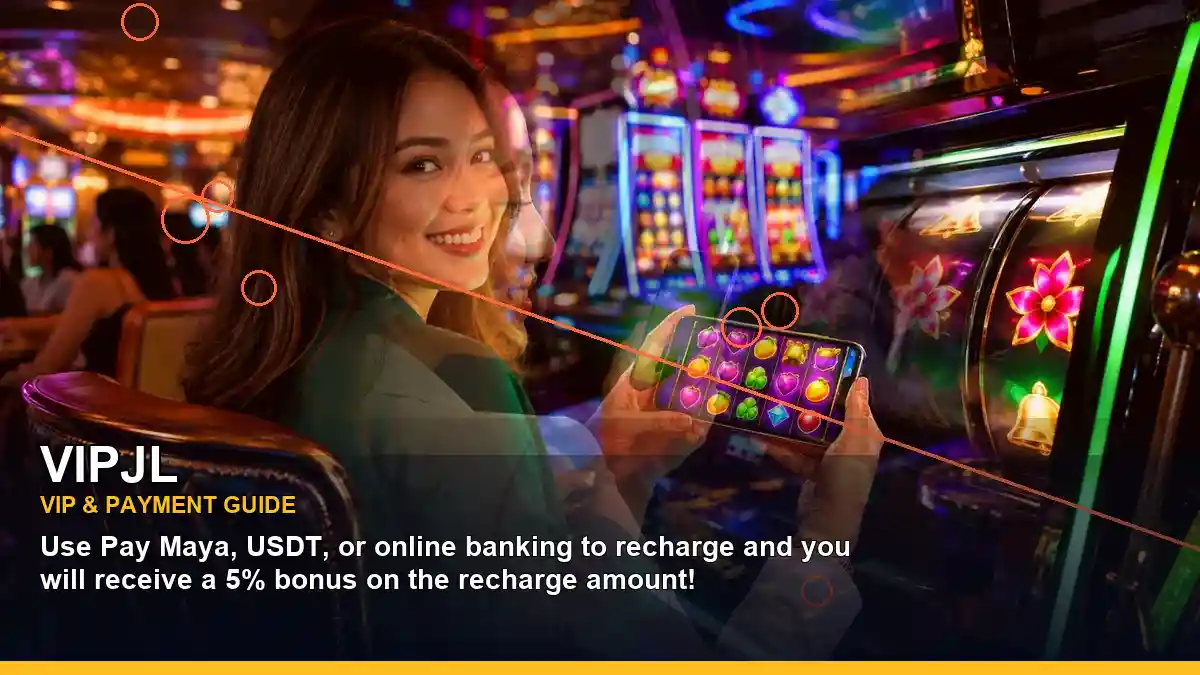 VIPJL slot bonus game scene with an adult Filipina casino host and layered visual collage