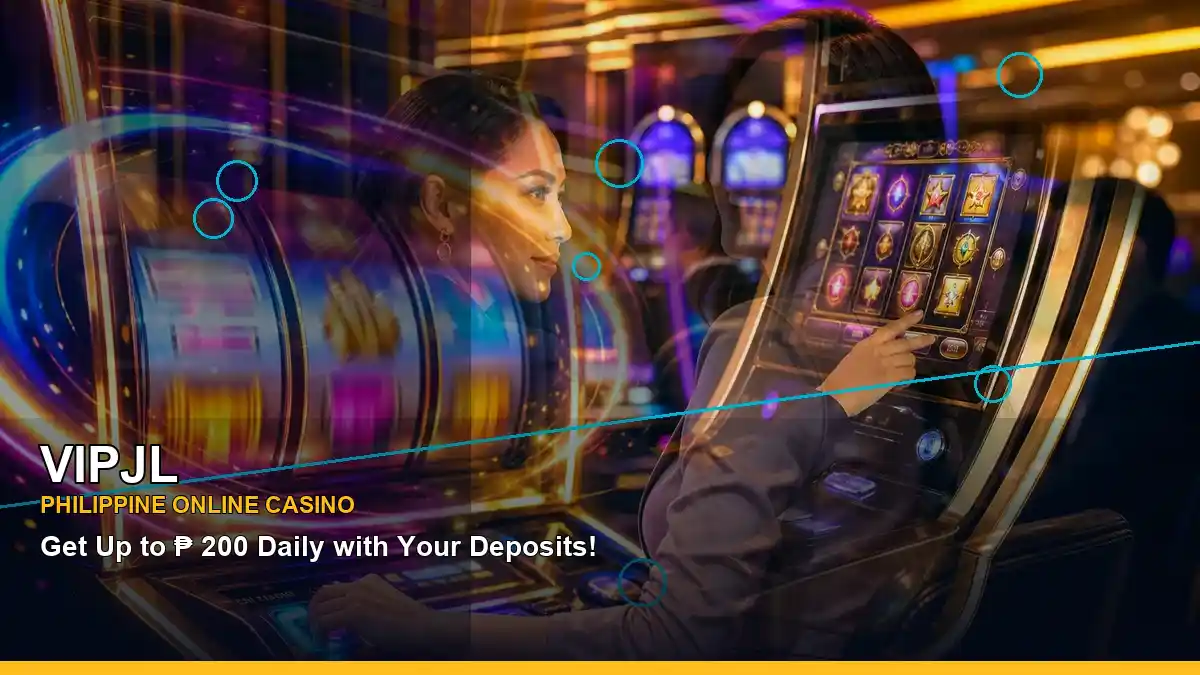 VIPJL mobile casino first-deposit rewards presented in a left-diagonal promotional layout