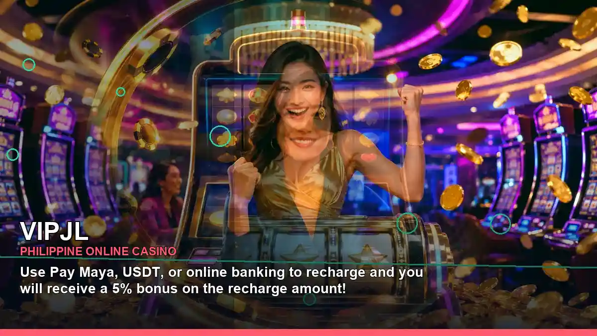 VIPJL mobile casino games shown with an adult female casino host in a right-side close-up composition